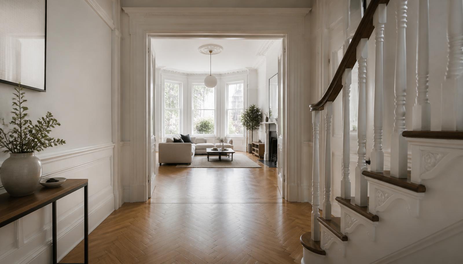 Immaculate London townhouse hallway and bay-window living room