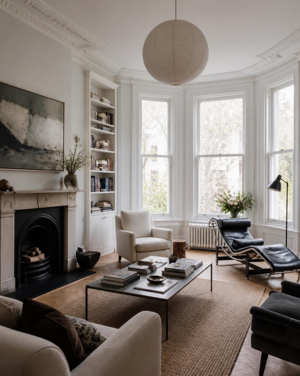 Elegant Victorian London living room with a curved bay window