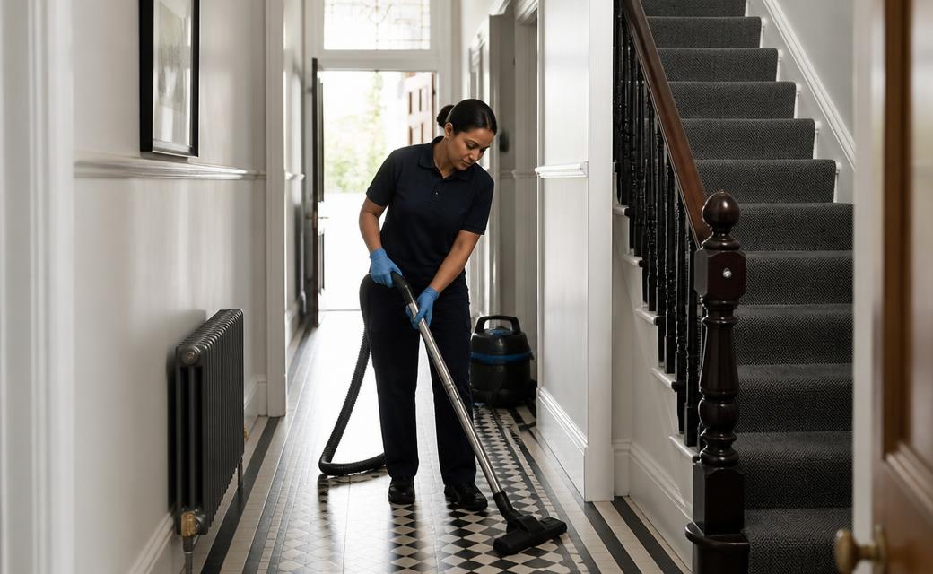 Professional cleaner working in a London townhouse hallway